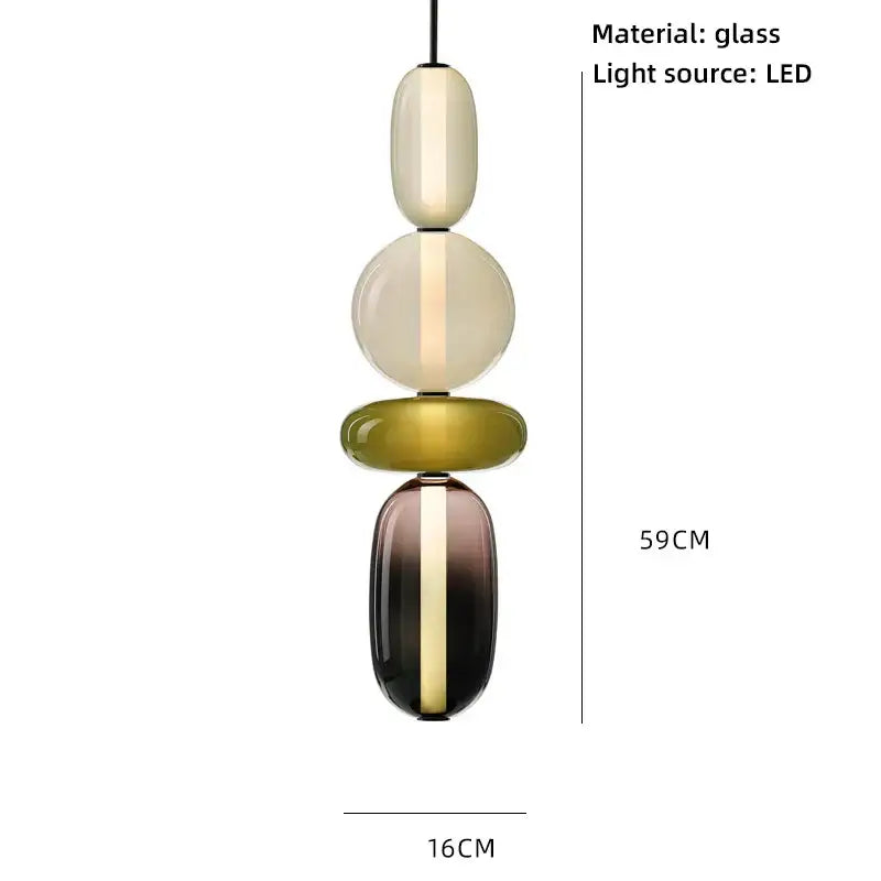 Modern amber and cream colorful glass ball pendant lights with stacked oval beads in cream and olive green for dining room