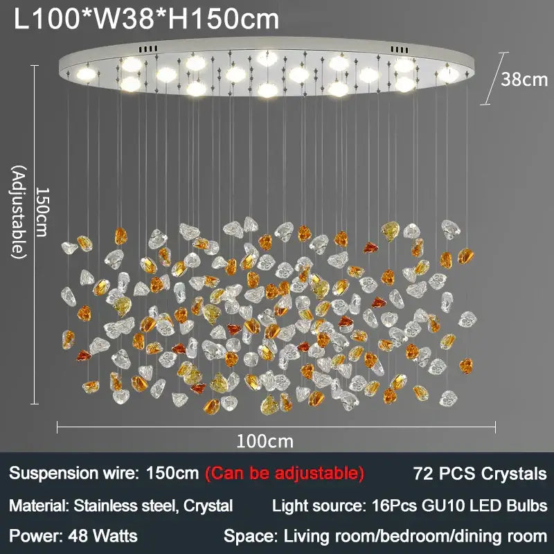 Modern amber and gold colorful crystal stone chandelier with 72 amber and clear crystals on stainless steel frame
