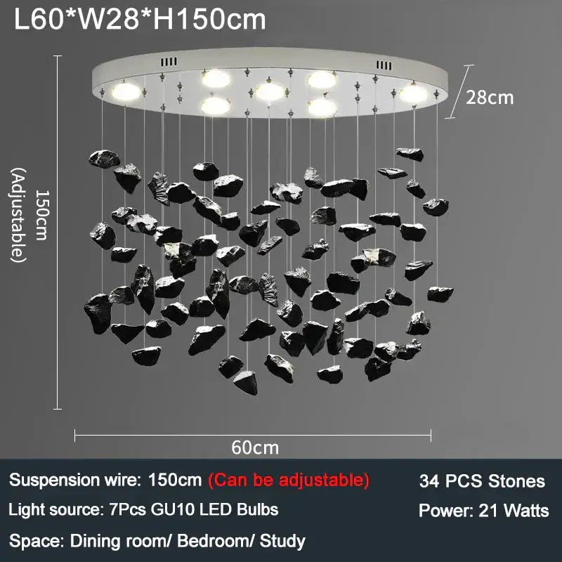 Modern black stone pendant chandelier with white circular mount and seven gu10 leds for colorful crystal stone decorbites