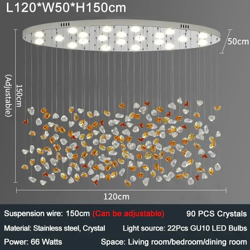 A modern amber and gold colorful crystal stone chandelier with 22 gu10 led bulbs and stainless steel frame for dining room decorbites