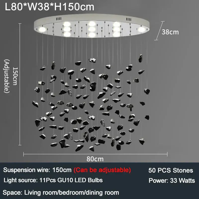 Modern black stone pendant chandelier with 11 led bulbs and adjustable suspension wires for colorful crystal stone decorbites