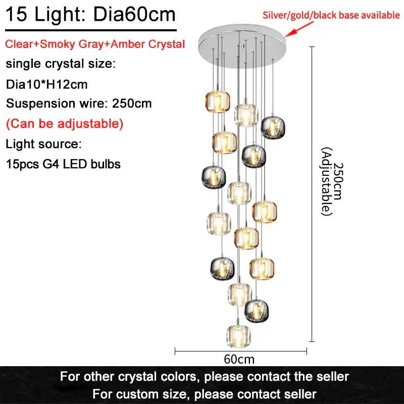 Modern amber and gold crystal led ceiling chandelier with 15 smoky gray and clear spheres for living room decorbites crystal led