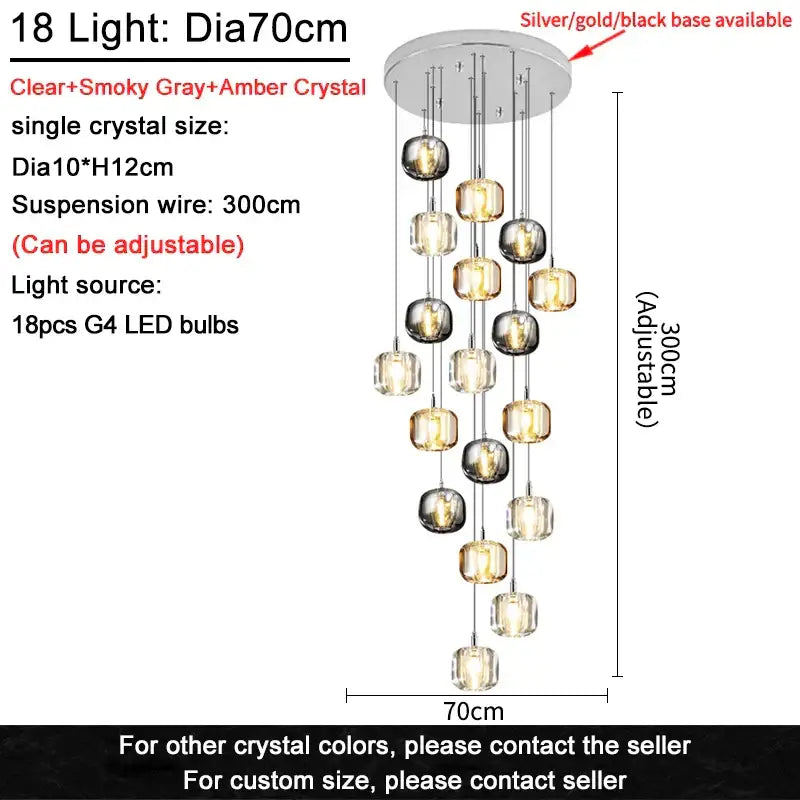 Modern amber and gold crystal led ceiling chandelier with 18 clear smoky gray and amber orbs for living room decorbites crystal led