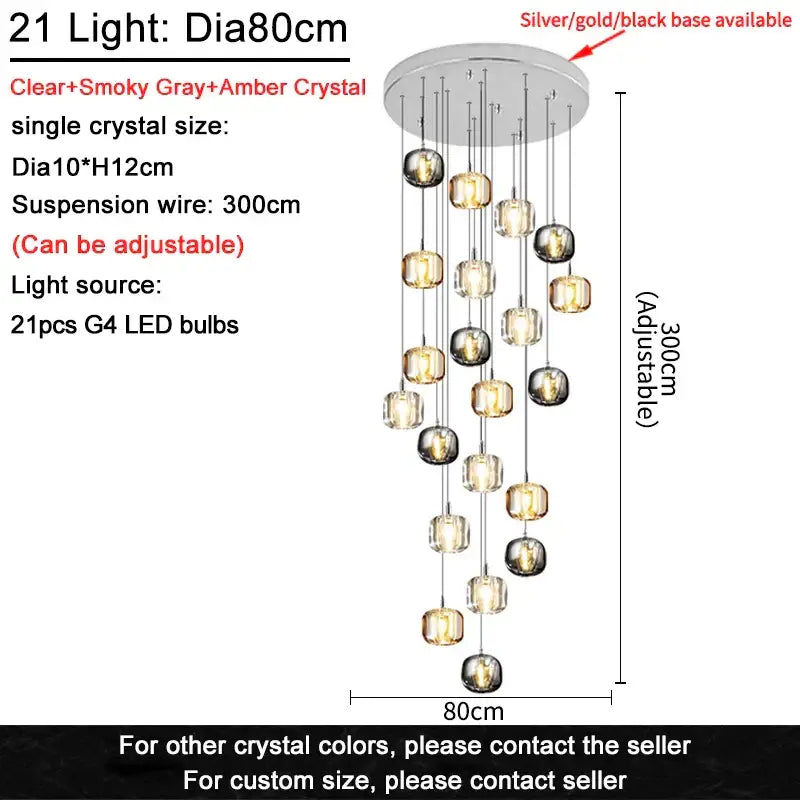 A modern 21-light decorbites crystal led chandelier with amber, clear, and smoky glass spheres for living room decor