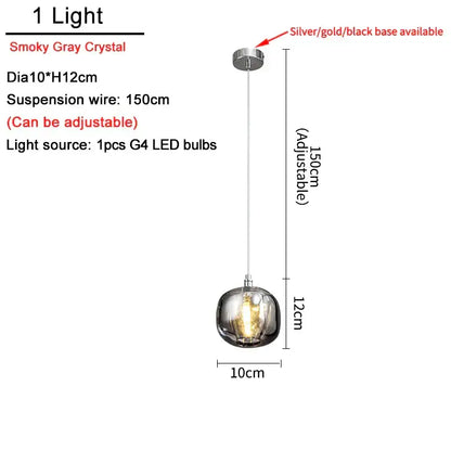 Modern amber and gold crystal led ceiling chandelier with smoky gray crystal pendant light and adjustable silver base