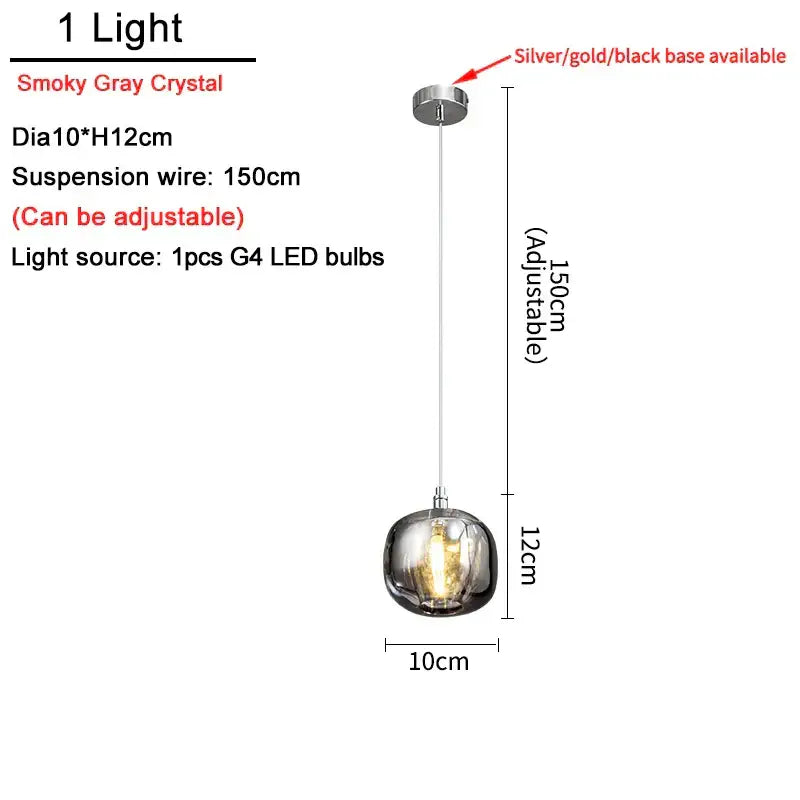 Modern amber and gold crystal led ceiling chandelier with smoky gray crystal pendant light and adjustable silver base