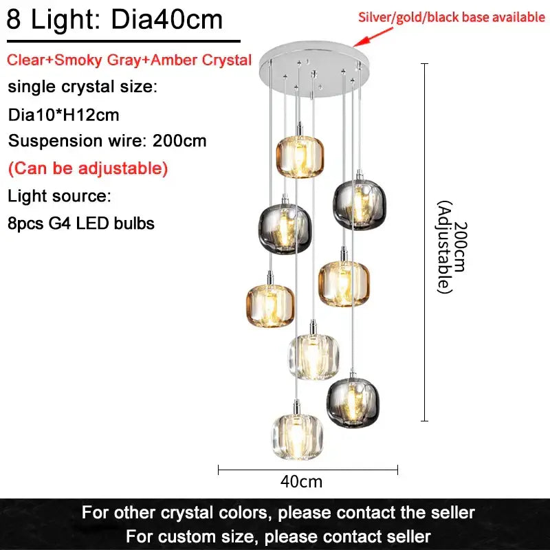 Modern amber and gold crystal led ceiling chandelier with eight-light smoky gray and amber globes by decorbites crystal led
