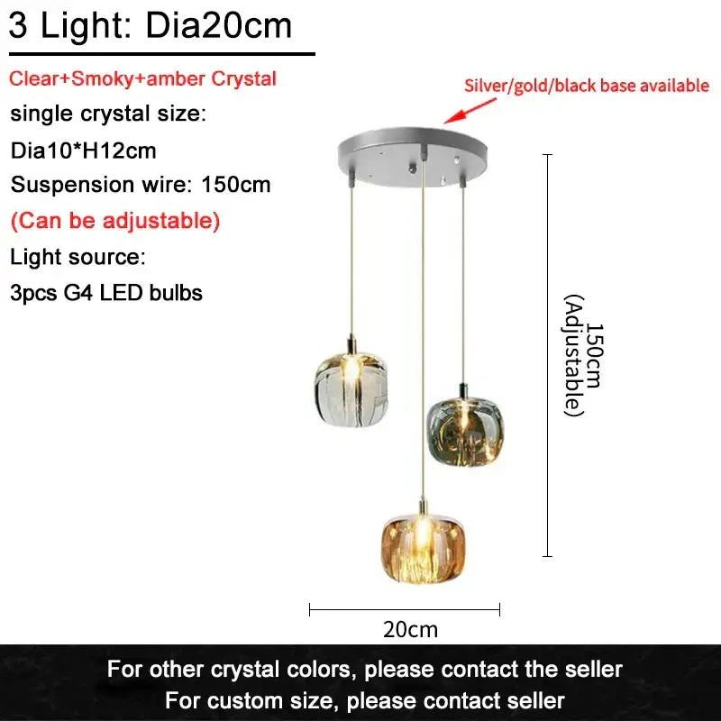 Modern amber and gold crystal led ceiling chandelier with smoky, clear, and amber globes by decorbites crystal led