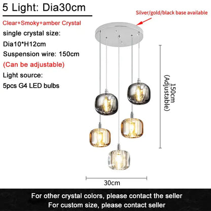 Modern amber and gold crystal led ceiling chandelier with five smoky, clear, and amber globes on adjustable wires by decorbites crystal led