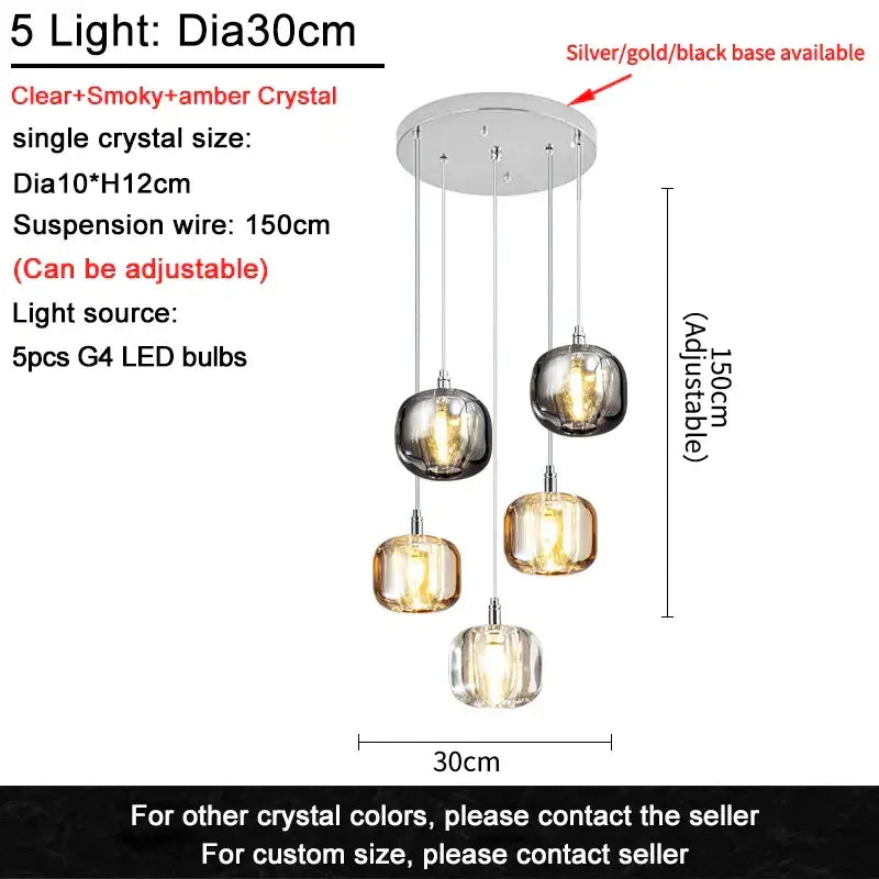 Modern amber and gold crystal led ceiling chandelier with five smoky, clear, and amber globes on adjustable wires by decorbites crystal led