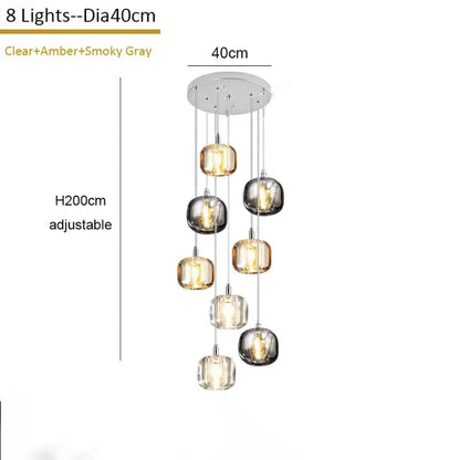 Modern amber and gold crystal led chandelier with eight glass globes in clear, amber, and smoky tones by decorbites crystal led