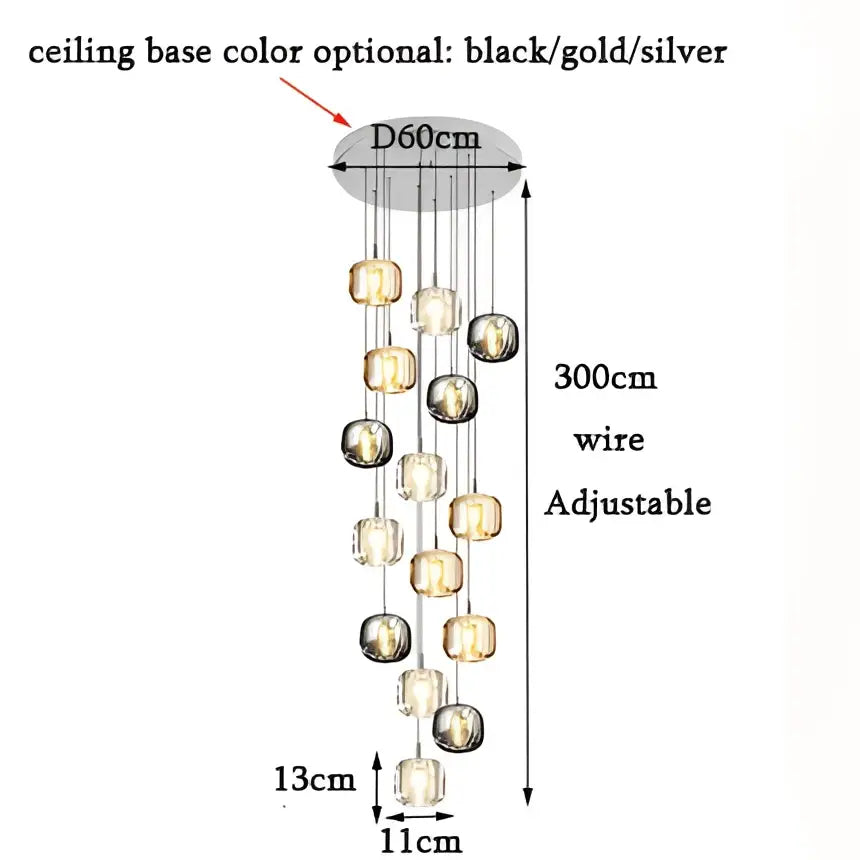 Modern amber and gold crystal led chandelier with adjustable 300cm circular base and cascading glass globe pendants