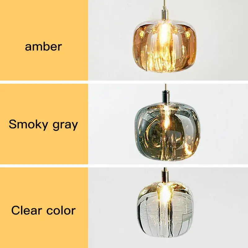Modern amber and gold crystal led chandelier with amber smoky gray and clear glass pendant lights in geometric design