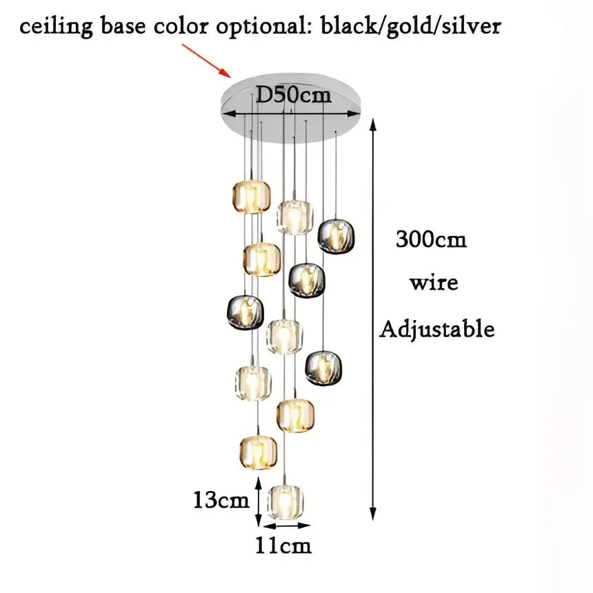 Adjustable modern amber and gold crystal led chandelier with circular base and cascading clear glass globe lights for living room