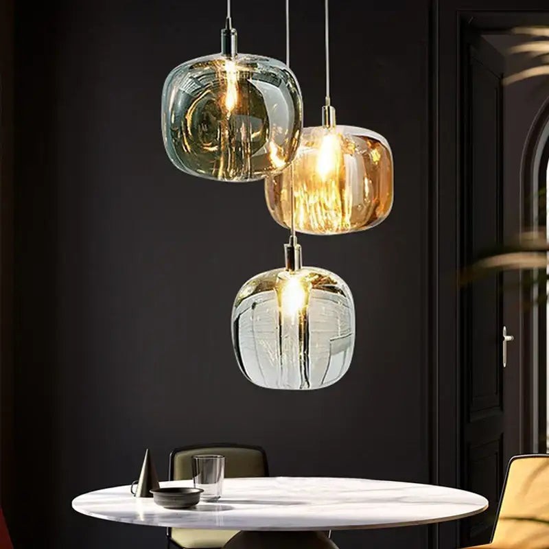 Modern amber and gold crystal led chandelier with three frosted green amber and clear glass pendant lights by decorbites crystal led