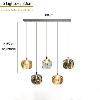 Modern amber and gold crystal led chandelier with five glass globe shades in clear amber and smoky gray by decorbites crystal led