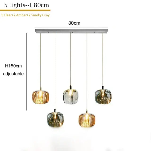 Modern amber and gold crystal led chandelier with five glass globe shades in clear amber and smoky gray by decorbites crystal led