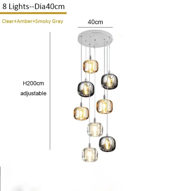 Modern amber and gold crystal led chandelier with eight glass globe lights in clear, amber, and smoky gray by decorbites crystal led