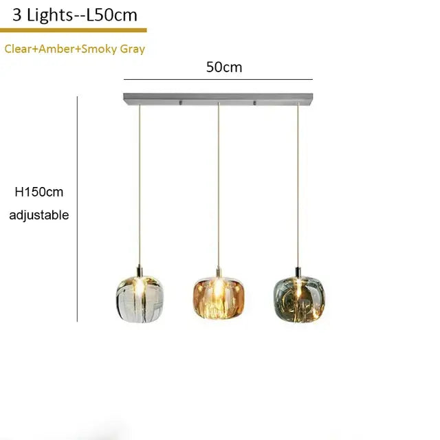 Modern amber and gold crystal led chandelier with three glass globe shades in clear amber and smoky gray by decorbites crystal led