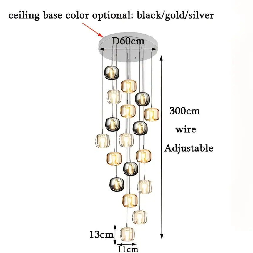 Modern amber and gold crystal led chandelier with silver-toned cascading spherical and square glass bulbs decorbites crystal led