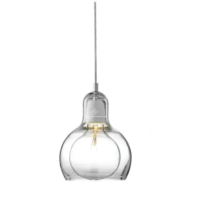 Modern amber and gray glass pendant light with bulbous shape and visible filament bulb for dining room pendant lights