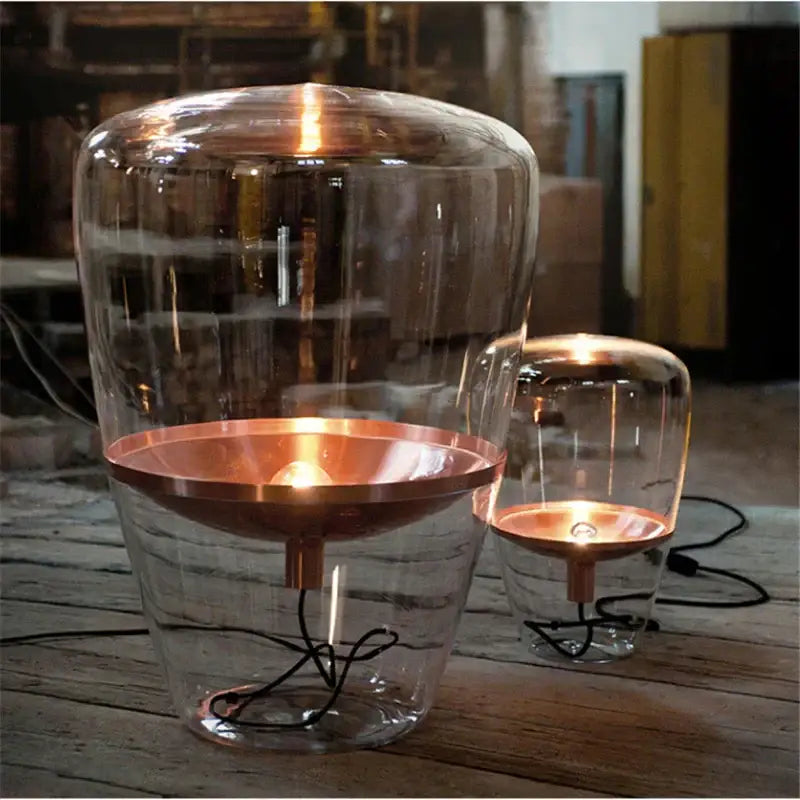 Modern amber balloons led glass table lamp with clear glass and copper-colored base for home office use
