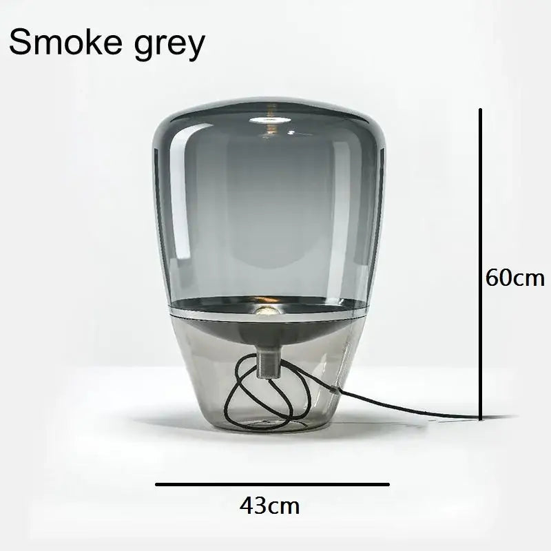 Modern amber balloons led glass table lamp with smoke grey glass and metallic base for home office use