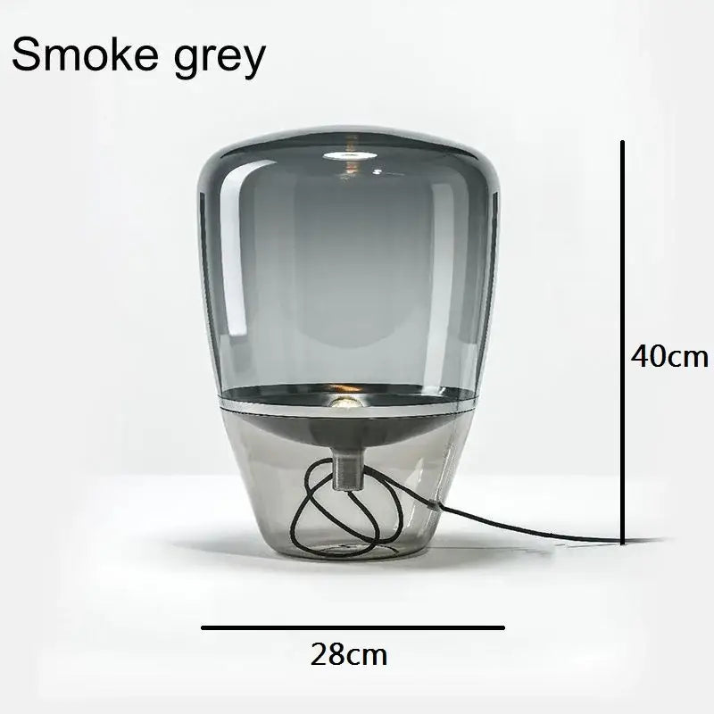 Modern amber balloons led glass table lamp with smoke grey glass and metallic base for home office use