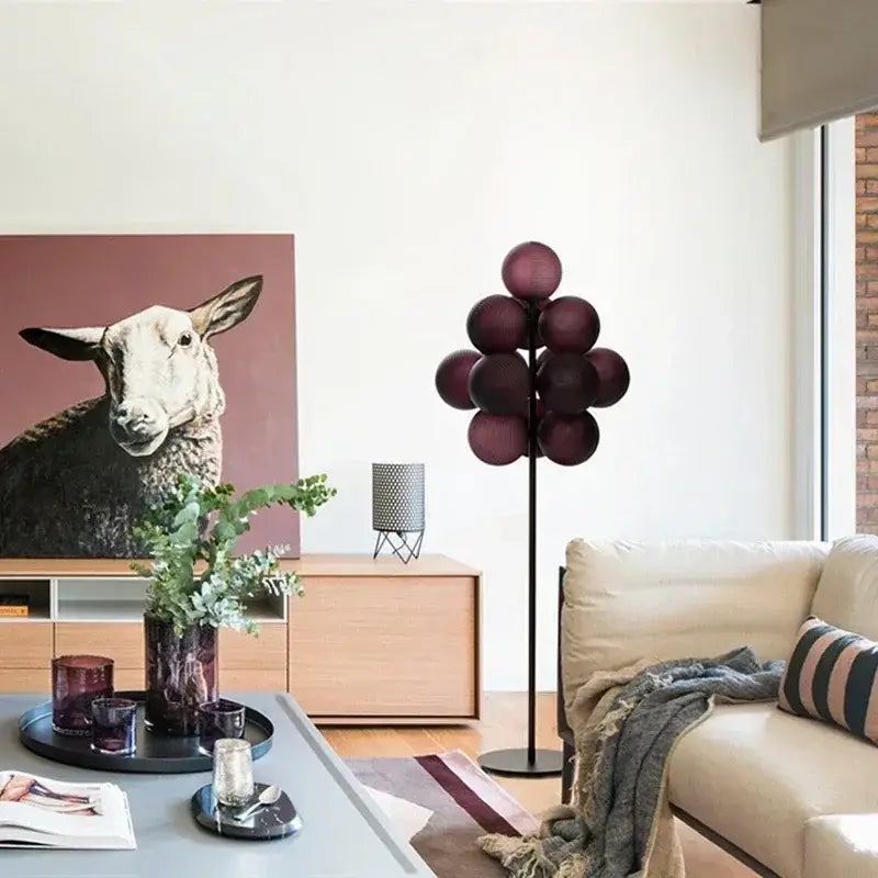 Modern amber bubble glass floor and table lamp set with deep burgundy spherical globes on black metal stand