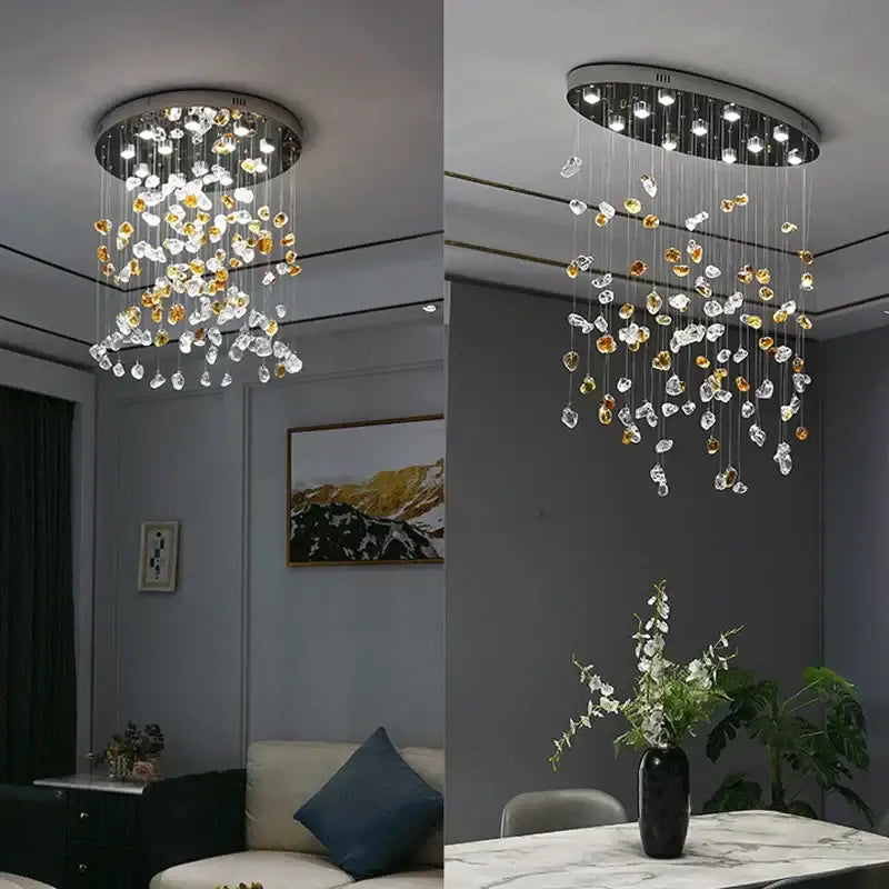Modern amber and clear crystal dining chandelier with cascading droplets on metallic frame for decorbites crystal dining rooms