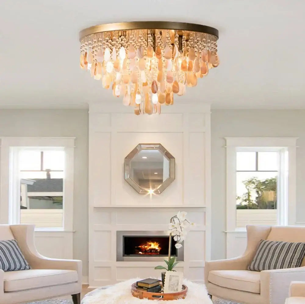 Modern amber and clear crystal led ceiling lamp with gold metal frame and cascading teardrop crystals for living room decorbites crystal led