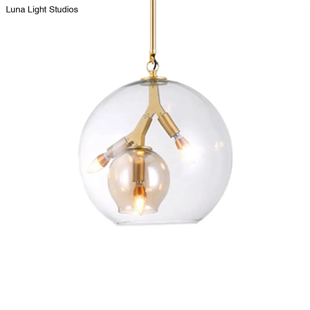 Lámpara de araña moderna de cristal ámbar/transparente para comedor con tres luces.