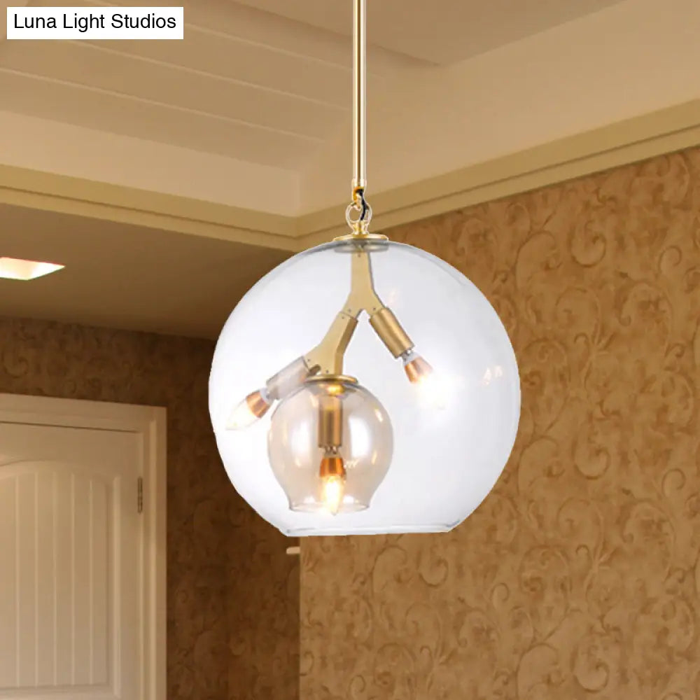 Lámpara de araña moderna de cristal ámbar/transparente para comedor con tres luces.