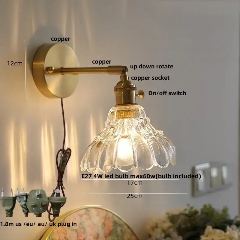Modern amber clear glass wall sconce with copper finish and fluted clear glass shade for bedroom decorbites clear glass use