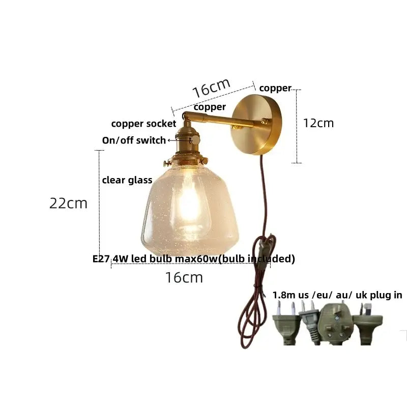 Vintage-style copper wall sconce with clear glass shade and e27 led bulb for decorbites clear glass lighting decor