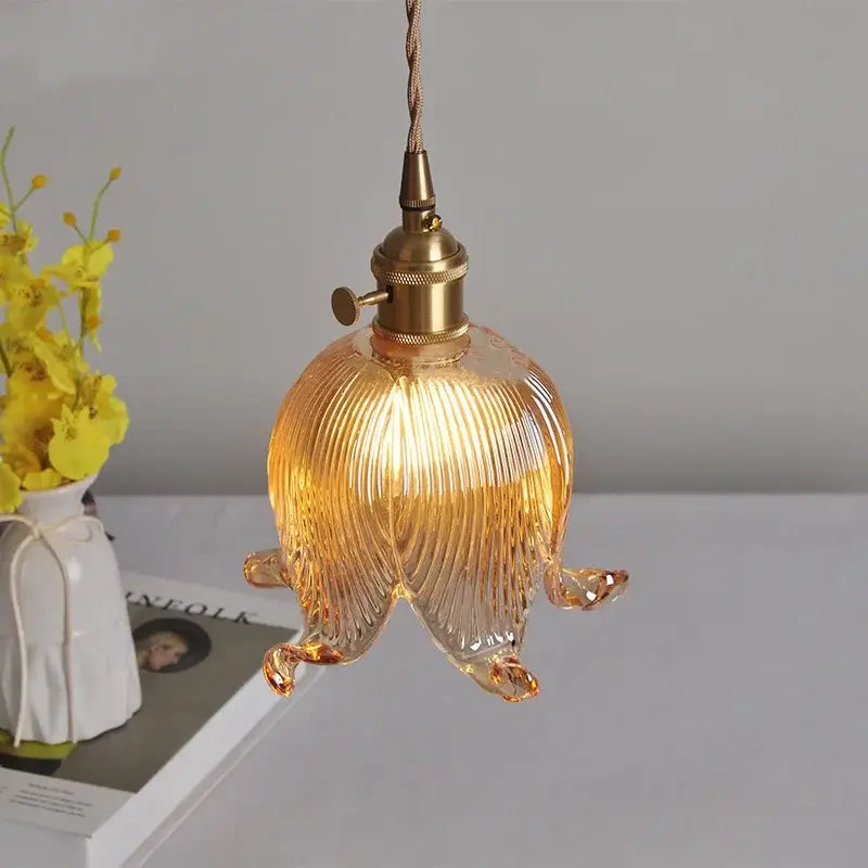 Modern amber copper glass led pendant light with brass fixture and ribbed design for kitchen decorbites copper glass decor