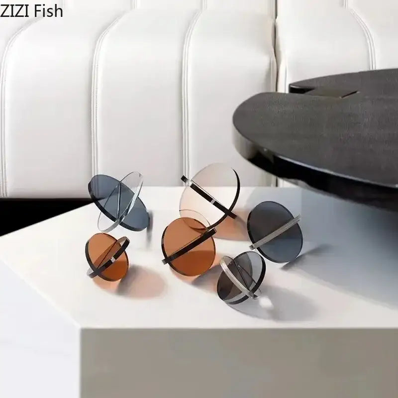 Set of six modern minimalist sunglasses with circular frames in gradient brown and gray for geometric cross decorbites ornaments
