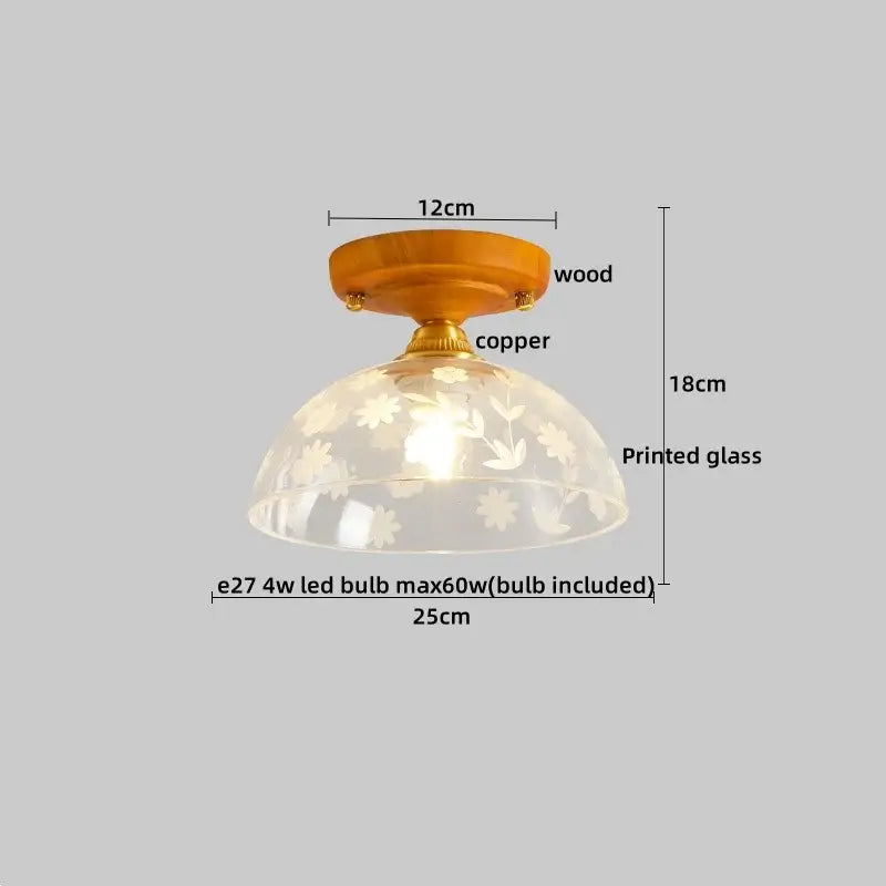 Modern amber glass and brass led ceiling lamp with wooden base and floral printed shade for dining room lighting