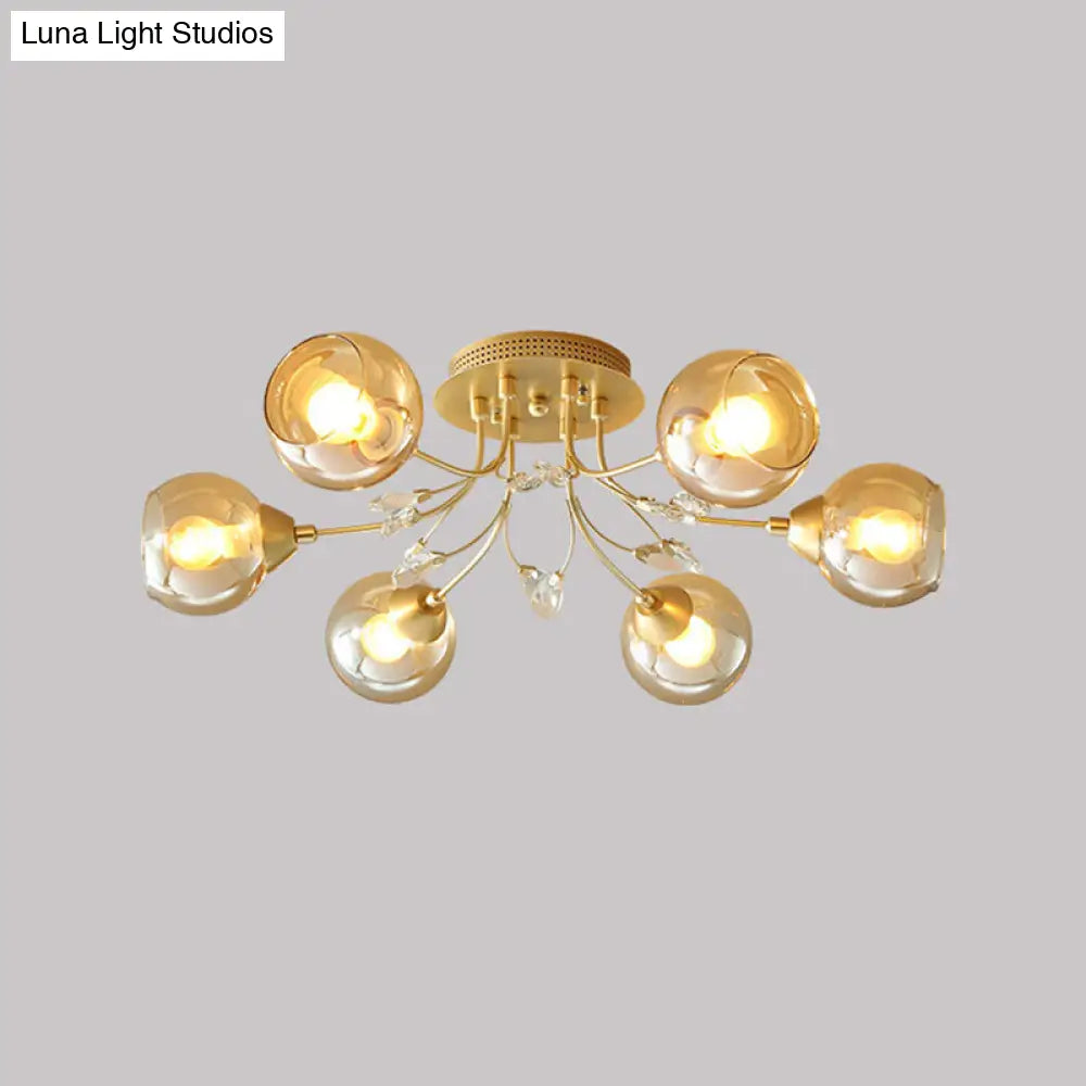 DecorBites™ DecorBites™ Modern Amber Glass Ball Ceiling Flush Mount Light with Teardrop Beveled Crystal Deco - 6 Bulbs, Gold Semi Flush Design