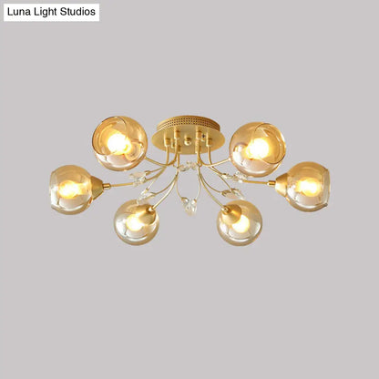 DecorBites™ DecorBites™ Modern Amber Glass Ball Ceiling Flush Mount Light with Teardrop Beveled Crystal Deco - 6 Bulbs, Gold Semi Flush Design