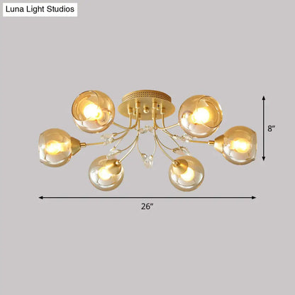 DecorBites™ DecorBites™ Modern Amber Glass Ball Ceiling Flush Mount Light with Teardrop Beveled Crystal Deco - 6 Bulbs, Gold Semi Flush Design