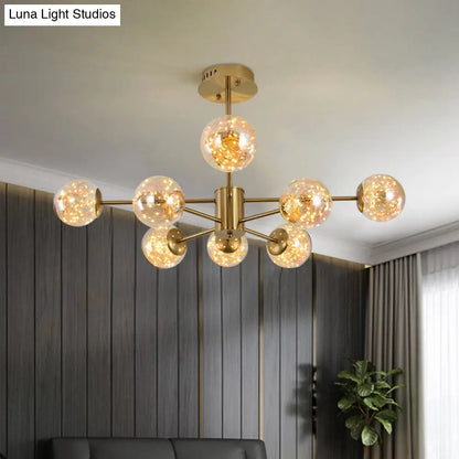 Lámpara de araña moderna con bolas de cristal ámbar - Elegante lámpara colgante Sputnik de latón para comedor