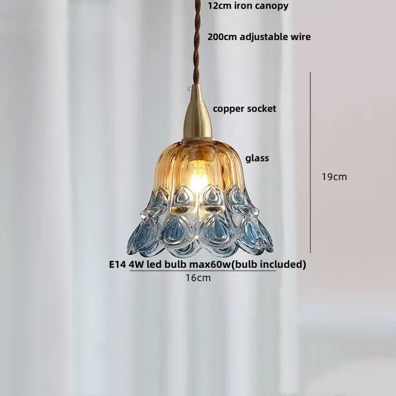 Modern amber glass ball led pendant light with copper socket and braided iron canopy for dining room lighting