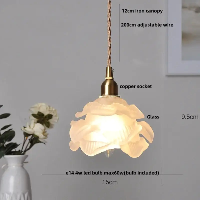 Modern amber glass ball led pendant light featuring a delicate translucent rose-shaped glass with brass copper socket
