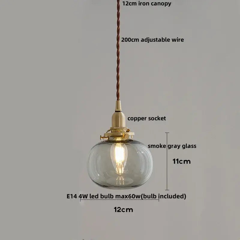 Modern amber glass ball led pendant light with smoke gray glass globe brass copper socket and adjustable braided wire