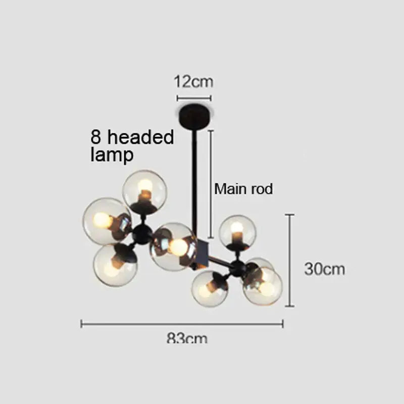 Black metal pendant light with eight clear glass ball bulbs in modern amber glass ball pendant chandelier design