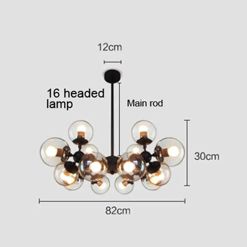 Modern black metal pendant light with 16 amber decorbites glass ball bulbs for dining room chandelier decor