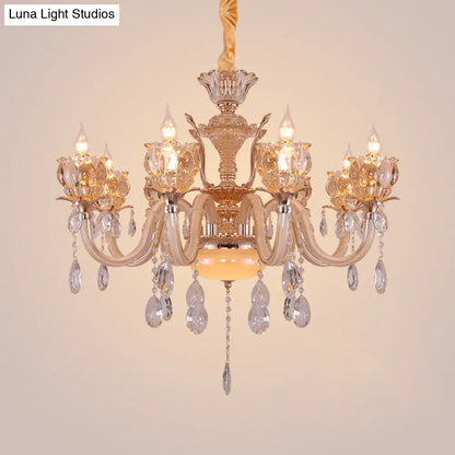 Lámpara de araña moderna de cristal ámbar con colgante de cristal - 6/8 bombillas - Elegante lámpara colgante para salón - Lámpara dorada