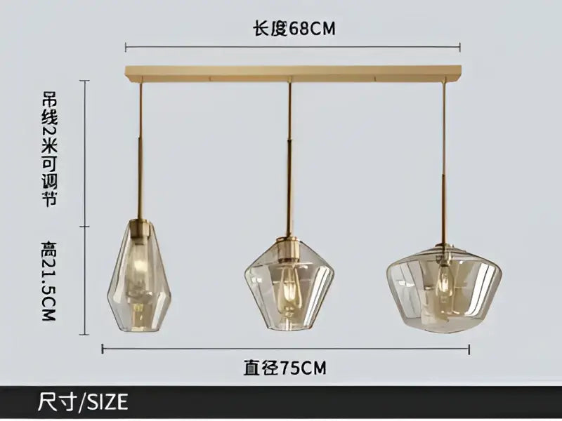 Modern amber glass chandelier with brass pendant light featuring clear faceted shades for dining room or living room