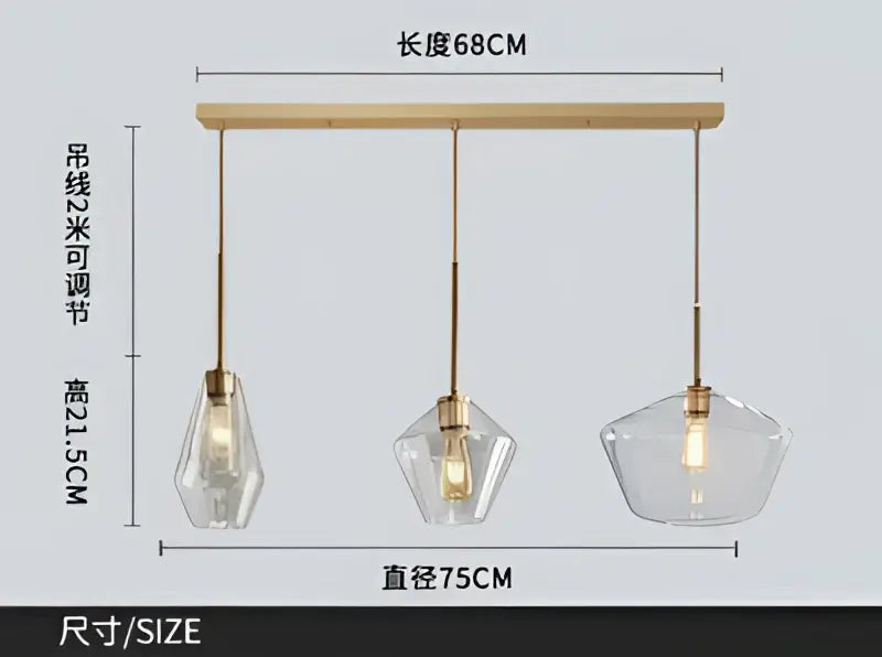 Modern amber glass chandelier pendant light with light wood bar and brass chains for dining room or living room use